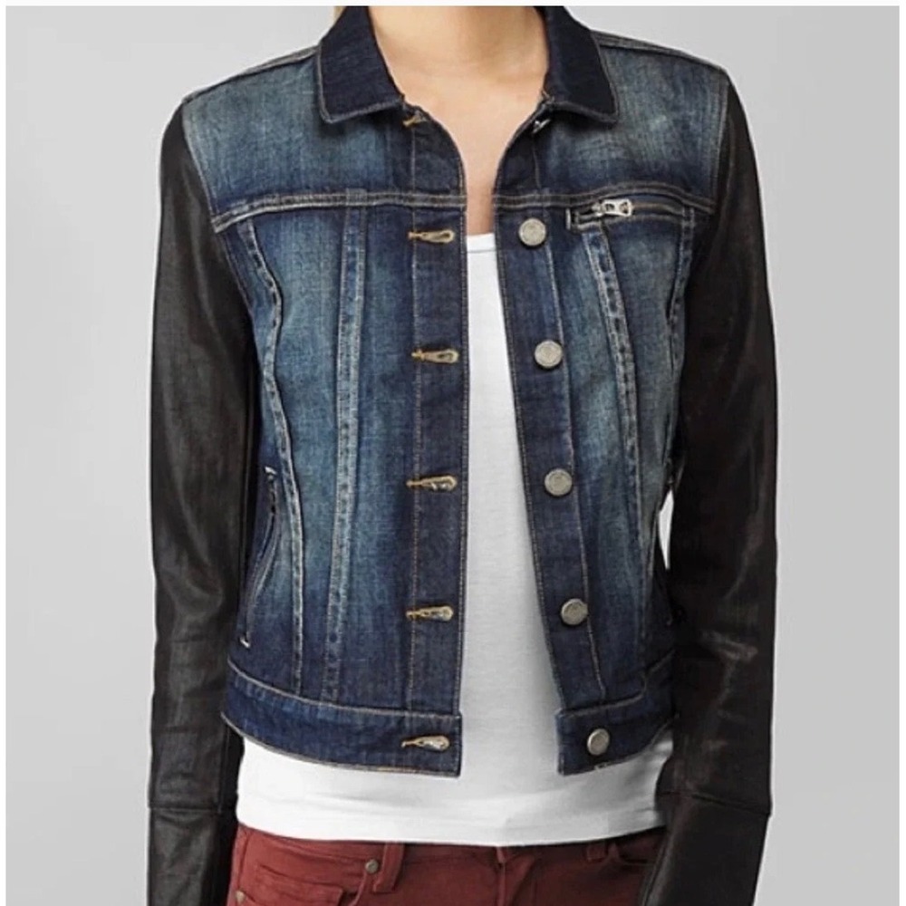 PAIGE Womens Mixed Media Denim Jacket Coated Sleeves Blue Black Moto Size M